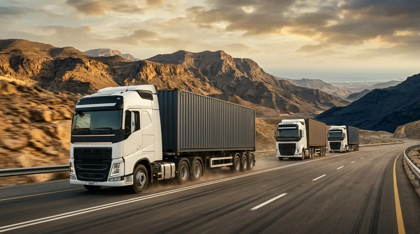 Container trucks in convoy on a desert highway in Oman
