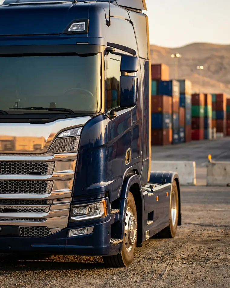 Detail of a heavy haulage truck at a Golden Path Logistics yard